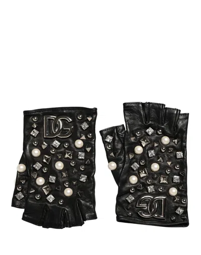 Dolce & Gabbana Pearl-embellished Lamb Leather Gloves In Black