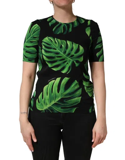 Dolce & Gabbana Black Philodendron Print Silk Blouse Top In Green
