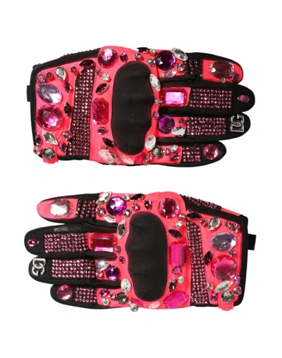 Pre-owned Dolce & Gabbana Black Pink Crystal Wrist Length Mitten Women's Gloves ()