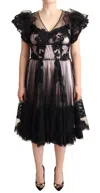 Dolce & Gabbana Black Pink Floral Lace A-line Midi Sheer Dress In Black