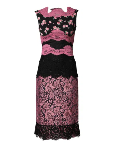 Dolce & Gabbana Black Pink Floral Lace Silk Sheath Women's Dress