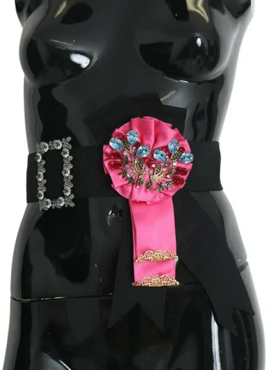 Dolce & Gabbana Black Pink Flower Brooch Crystals Cotton Women's Belt