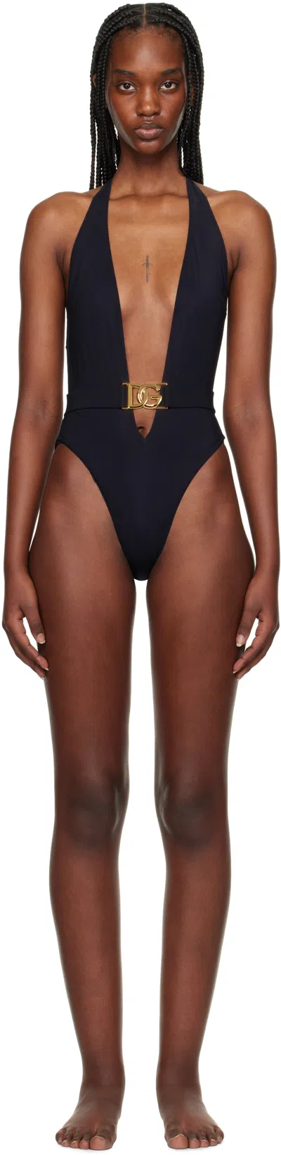 Dolce & Gabbana Black Plunging Neck & Belt Swimsuit In N0000 Nero