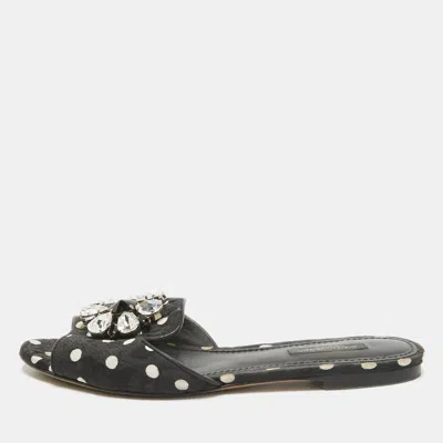 Pre-owned Dolce & Gabbana Black Polka Dot Canvas Bianca Flat Slides Size 37