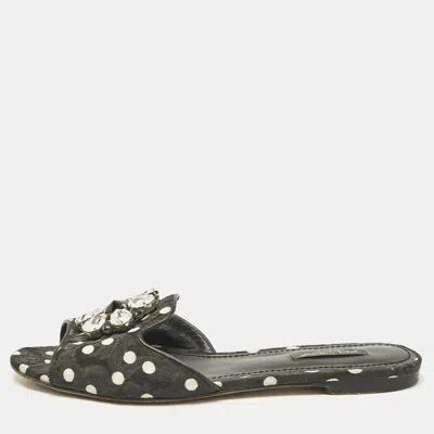 Pre-owned Dolce & Gabbana Black Polka Dot Canvas Bianca Flat Slides Size 38