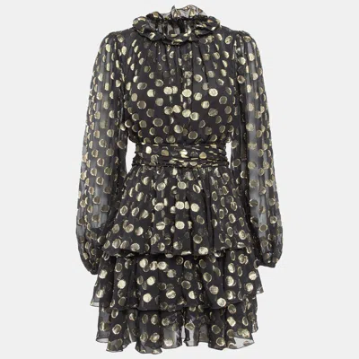 Pre-owned Dolce & Gabbana Black Polka Dot Silk Brocade Tie-up Waist Mini Dress M