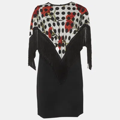 Pre-owned Dolce & Gabbana Black Polka Dots Silk And Crepe Fringed Mini Dress L