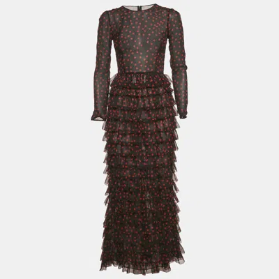 Pre-owned Dolce & Gabbana Black Polka Dots Silk Tiered Maxi Dress S