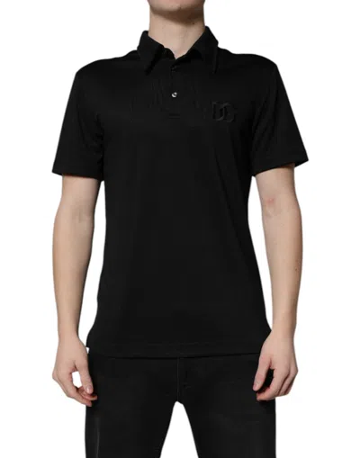Dolce & Gabbana Black Polyester Dg Logo Collared Polo T-shirt
