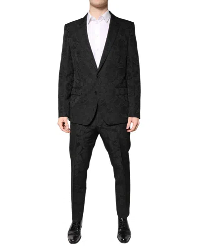 Dolce & Gabbana Black Polyester Floral Jacquard 2 Piece Men's Suit In Brown