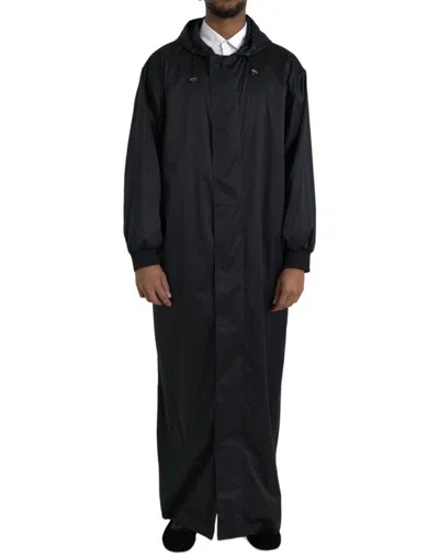 Dolce & Gabbana Black Polyester Hooded Long Windbreaker Men's Jacket