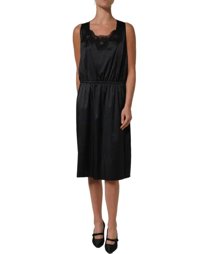 Pre-owned Dolce & Gabbana Black Polyester Lacetrim Sheath Midi Women's Dress ()