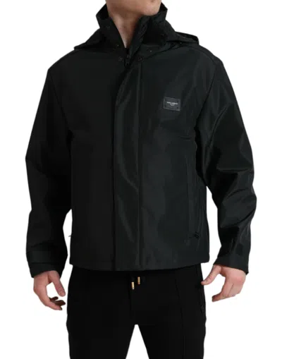 Dolce & Gabbana Black Polyester Logo Plaque Hooded Men's Jacket