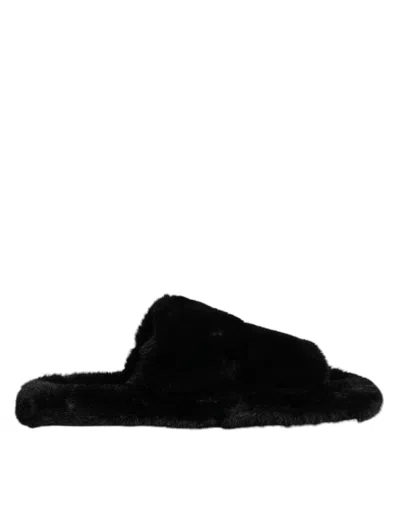 Dolce & Gabbana Black Polyester Velvet Slides Slipper Men's Shoes In Animal Print
