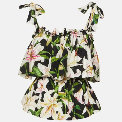 Pre-owned Dolce & Gabbana Black Poplin Print Cotton Ruffle Detail Top M