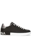 Dolce & Gabbana Portofino Sneakers In Black Leather With Silver Inserts In Black