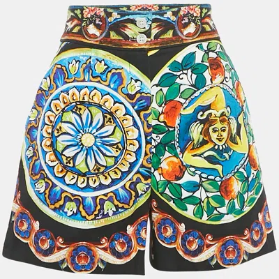 Pre-owned Dolce & Gabbana Black Printed Cotton High Waist Shorts M In Multi