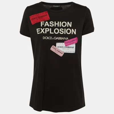 Pre-owned Dolce & Gabbana Black Printed Cotton Logo Patch Detail T-shirt S