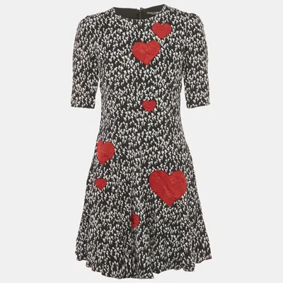 Pre-owned Dolce & Gabbana Black Printed Heart Applique Crepe Mini Dress M