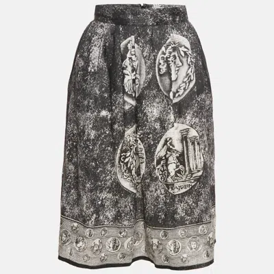 Pre-owned Dolce & Gabbana Black Printed Linen Pleated Midi Skirt S