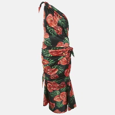 Pre-owned Dolce & Gabbana Black Printed Satin Silk One-shoulder Tie-up Detail Midi Dress L