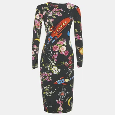 Pre-owned Dolce & Gabbana Black Printed Silk Midi Dress Xs