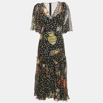 Pre-owned Dolce & Gabbana Black Printed Silk Ruffled Asymmetric Long Dress L