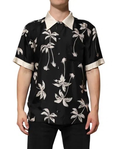 Pre-owned Dolce & Gabbana Black Printed Silk Short Sleeves Casual Men's Shirt ()