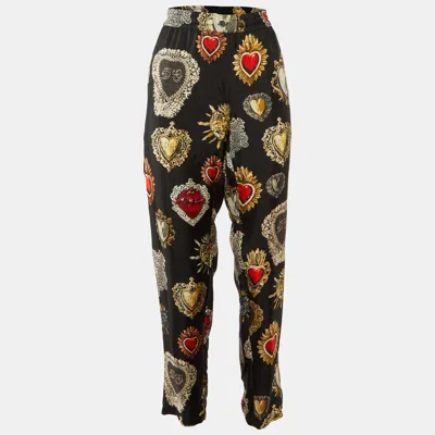 Pre-owned Dolce & Gabbana Black Printed Silk Trimmed Trousers M