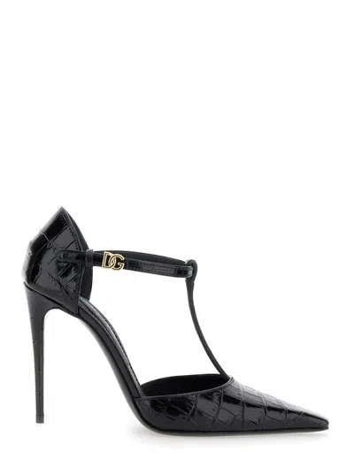 DOLCE & GABBANA BLACK PUMPS WITH STILETTO HEEL AND CROCO PRINT IN LEATHER WOMAN