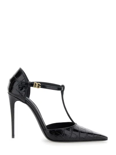 DOLCE & GABBANA BLACK PUMPS WITH STILETTO HEEL AND CROCO PRINT IN LEATHER WOMAN
