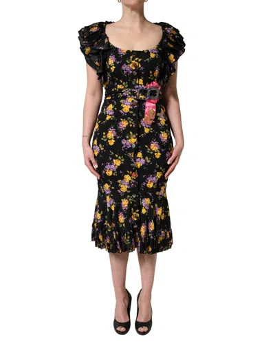 Dolce & Gabbana Black Purple Crystal Brooch Silk Midi Dress