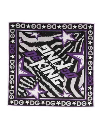 Dolce & Gabbana Black Purple Dg King Cotton Foulard 51cm X 49.5cm Women's Scarf In Purple And Black