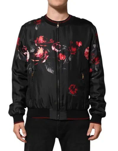 Pre-owned Dolce & Gabbana Black Red Floral Silk Bomber Blouson Men's Jacket () In Multi