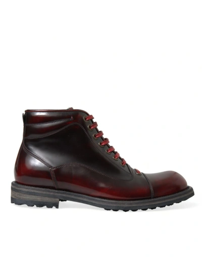 Dolce & Gabbana Black Red Leather Lace Up Ankle Boots Shoes In Brown