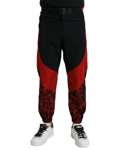 Dolce & Gabbana Black Red Leopard Print Nylon Jogger Men's Pants In Black And Red