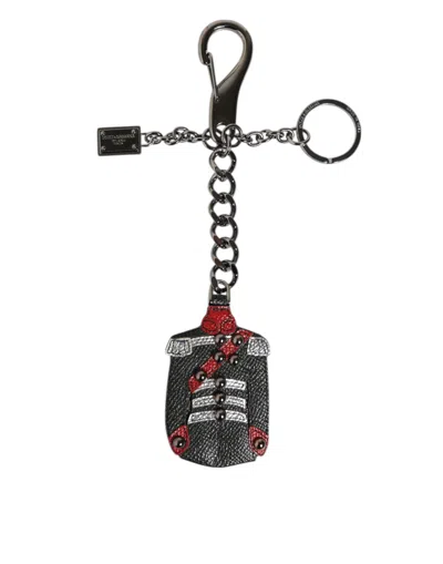 Dolce & Gabbana Black Red Military Leather Patch Dg Logo Keychain Keyring In Multi