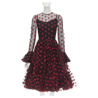 Pre-owned Dolce & Gabbana Dolce Gabbana Black Red Polka Dot Embroidered Tulle Flared Dress It40 S
