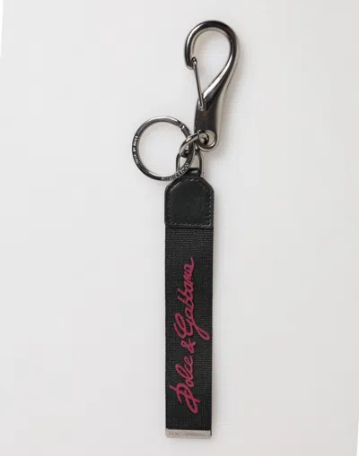 DOLCE & GABBANA BLACK RED POLYESTER DG LOGO SILVER MEN KEYCHAIN KEYRING