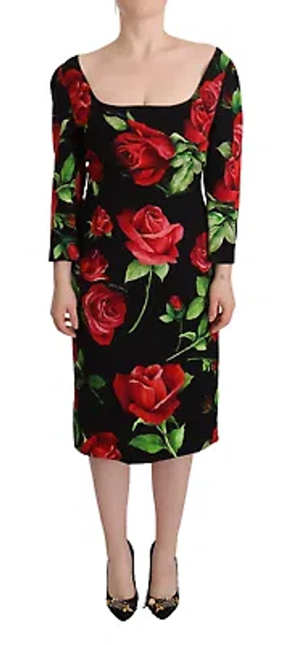 Pre-owned Dolce & Gabbana Elegant Floral Print Silk Sheath Dress In Red