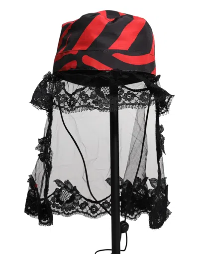 DOLCE & GABBANA DOLCE & GABBANA BLACK RED STRIPES LACE TULLE BUCKET WOMEN'S HAT
