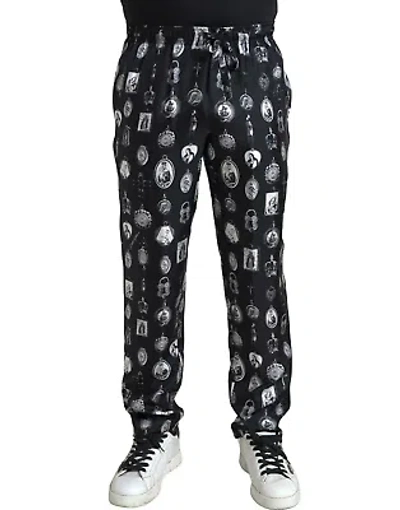 Pre-owned Dolce & Gabbana Elegant Silk Joggers With Religious Print In Black