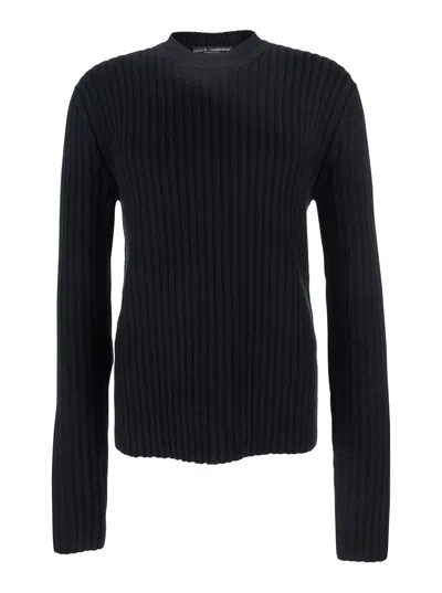 DOLCE & GABBANA BLACK RIBBED KNIT CREWNECK SWEATER WITH LOGO PATCH ON THE REAR IN WOOL MAN