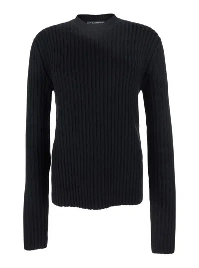 DOLCE & GABBANA BLACK RIBBED KNIT CREWNECK SWEATER WITH LOGO PATCH ON THE REAR IN WOOL MAN