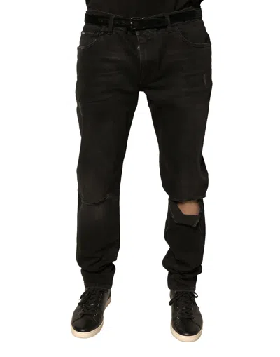 Dolce & Gabbana Black Ripped Logo Cotton Skinny Denim Men's Jeans