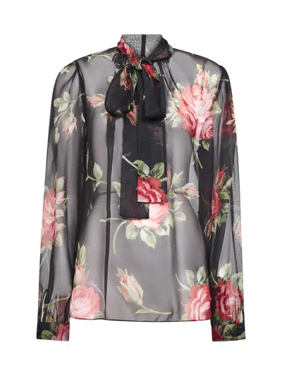 Dolce & Gabbana Black Rose Bouquet-print Silk Chiffon Top In Multi