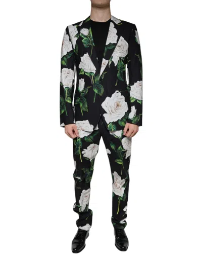 Dolce & Gabbana Black Rose Cotton Men Formal 2 Piece Suit In Multi