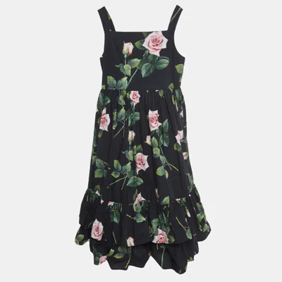 Pre-owned Dolce & Gabbana Black Rose Print Cotton Poplin Dress (11-12 Yrs)