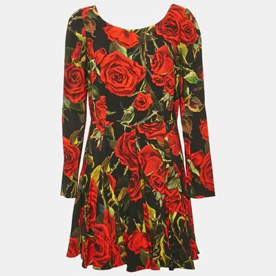 Pre-owned Dolce & Gabbana Black Rose Print Crepe Flared Mini Dress L