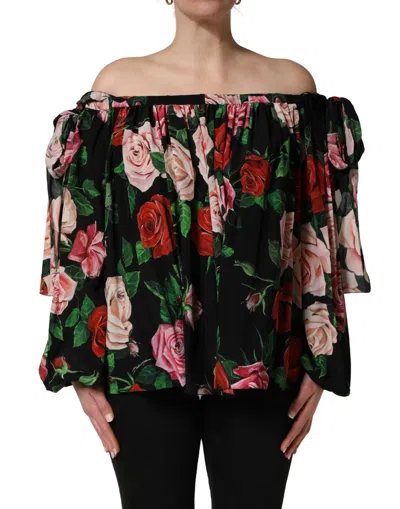 Dolce & Gabbana Black Rose Print Silk Off The Shoulder Blouse Top In Multi